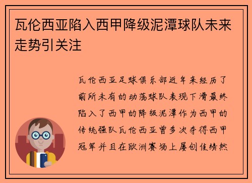 瓦伦西亚陷入西甲降级泥潭球队未来走势引关注