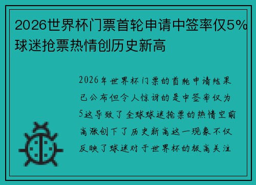 2026世界杯门票首轮申请中签率仅5%球迷抢票热情创历史新高
