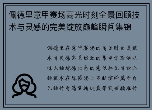 佩德里意甲赛场高光时刻全景回顾技术与灵感的完美绽放巅峰瞬间集锦
