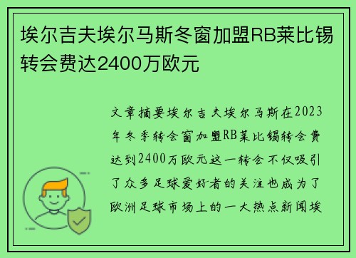 埃尔吉夫埃尔马斯冬窗加盟RB莱比锡转会费达2400万欧元