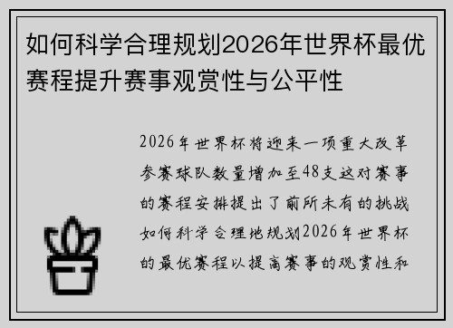 如何科学合理规划2026年世界杯最优赛程提升赛事观赏性与公平性